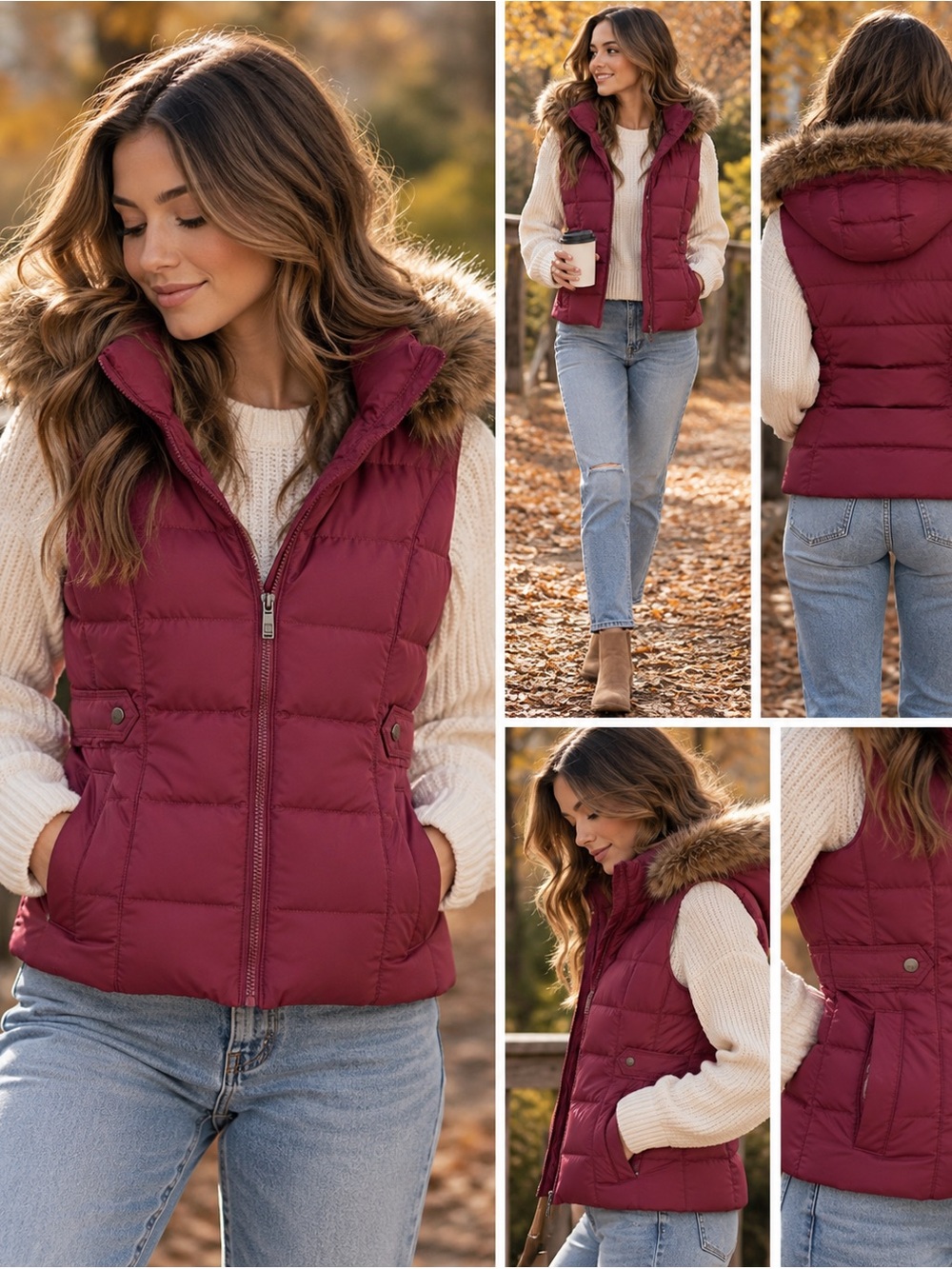Denver Hayes | S| Quilted Hooded Puffer Vest with Faux-Fur Trim